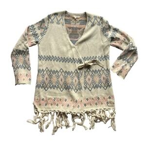 Odd Molly Boho Cardigan Sweater Wrap Tie Fringe Hem Tribal Knit Women Size‎ 2 XS